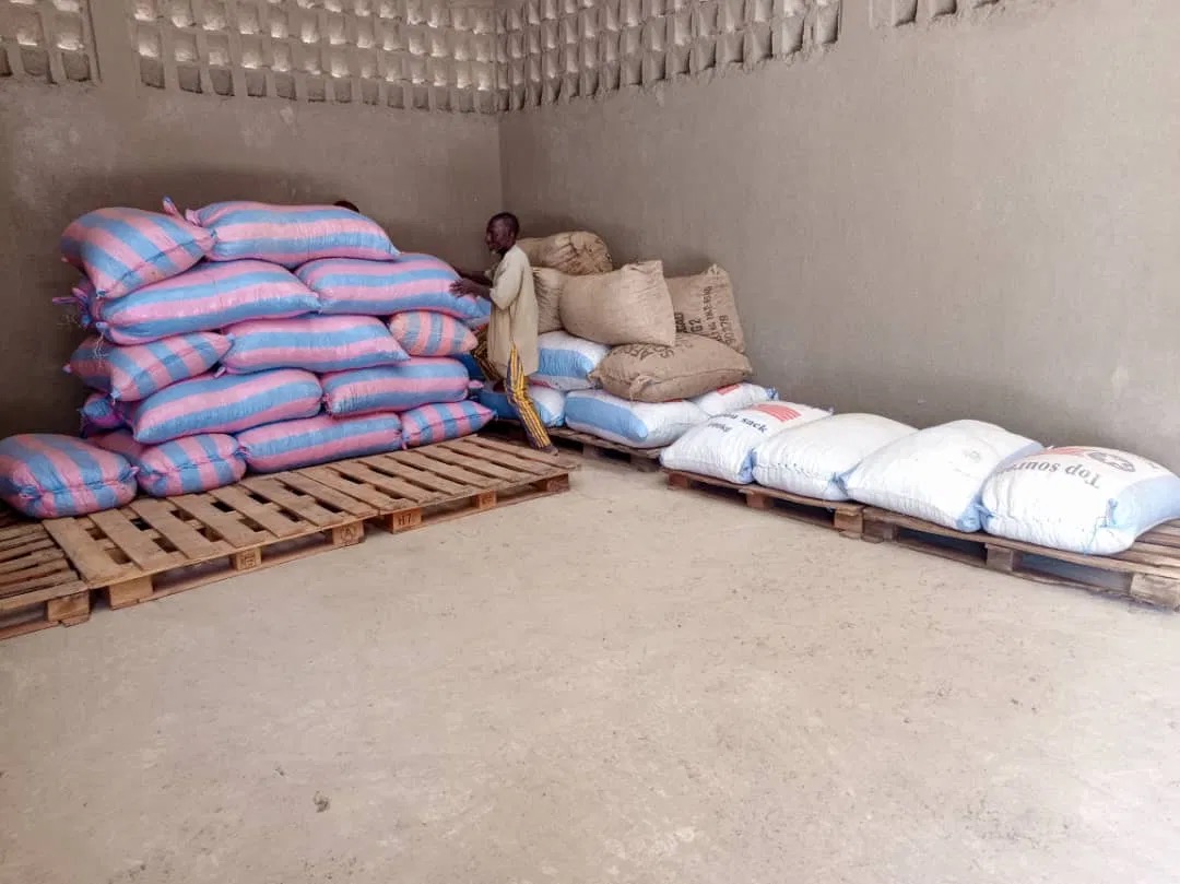 Palletized sacks of raw shea nuts inside the Awa NEEMA warehouse